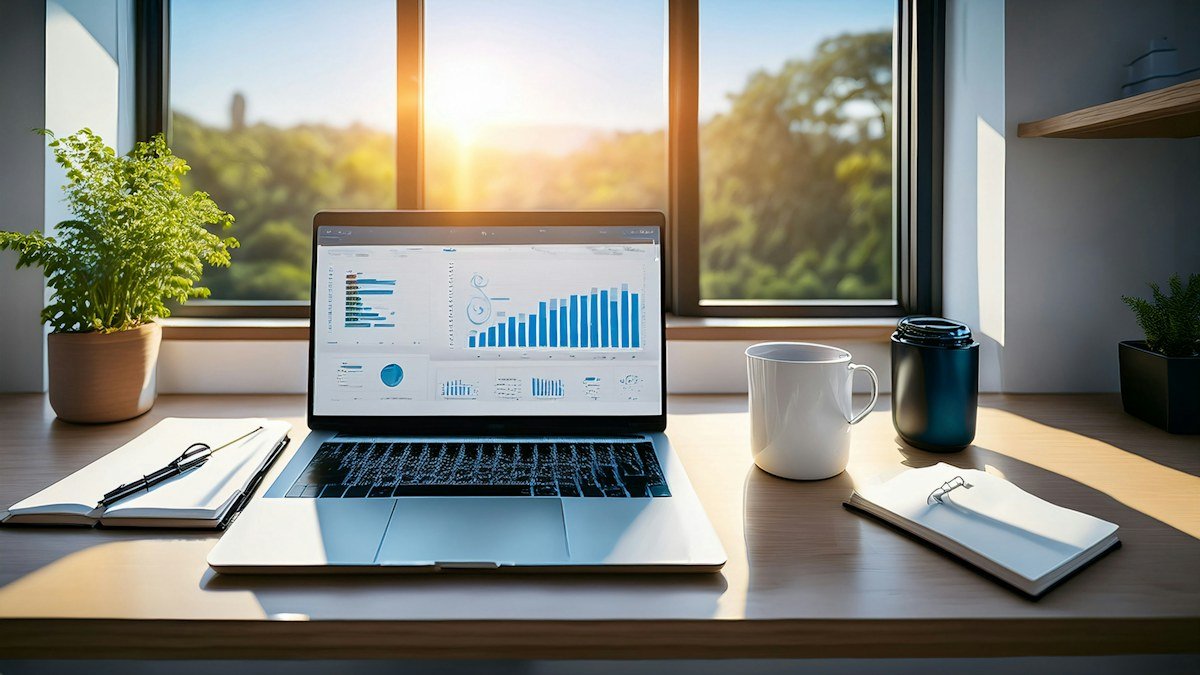 Laptop showing a digital analytics dashboard in a modern workspace