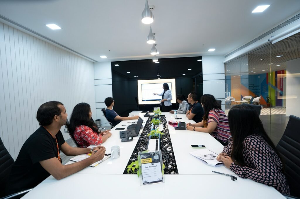 Digital agency team collaborating on strategy in a modern office
